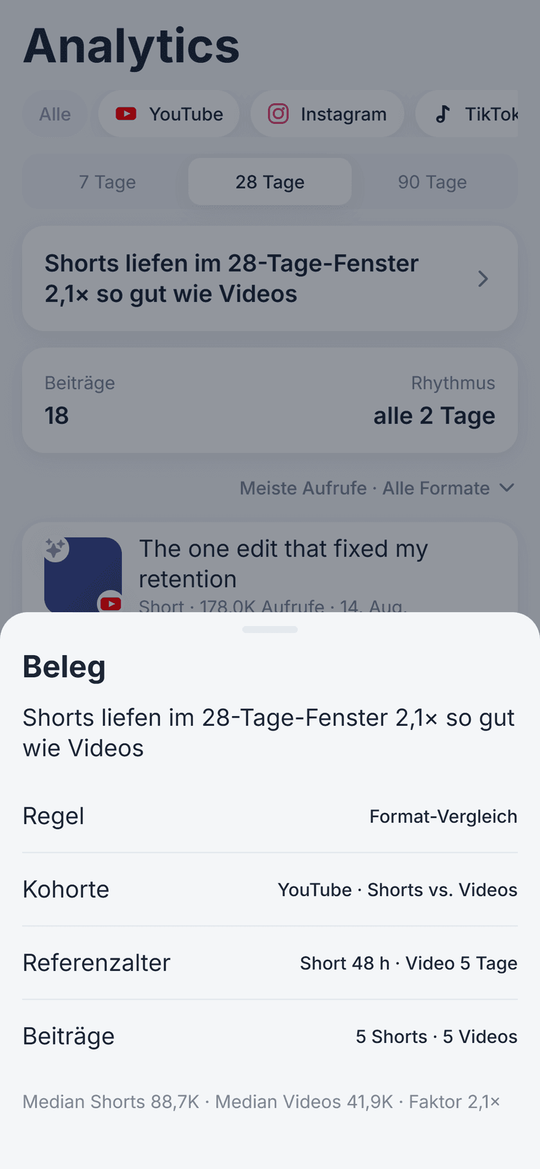 Analytics mit geöffnetem Beleg-Sheet: Regel, Kohorte, Referenzalter und verglichene Beiträge